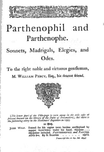 Title page of Parthenophil and Parthenophe by Barnabe Barnes.